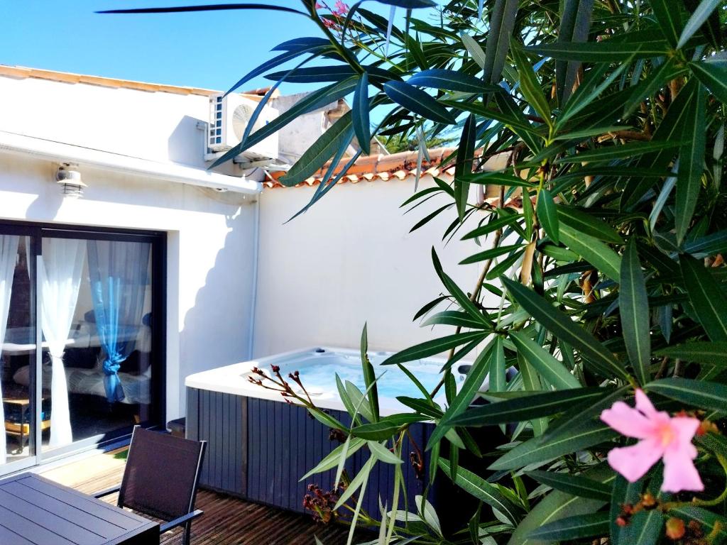 une plante devant une maison avec un jacuzzi dans l'établissement Le Petit Port du Loiron 17 Charente Maritime, à Angoulins-sur-Mer