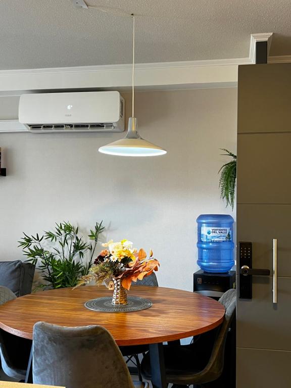 uma mesa de jantar com um vaso de flores sobre ela em 2 habitaciones 1 baño- a pasos de restaurantes centros comerciales em Rancagua