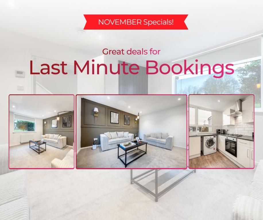 a collage of photos of a living room and a kitchen at Premium Offers, Last-Minute Escapes, 3 Bedroom House, Free Parking, Sleeps Up to 5, Private Garden, Elevate Living Estates Short Lets & Serviced Apartments Northampton in Spinney Hill