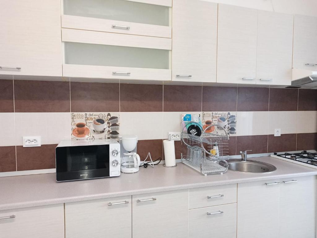 un bancone della cucina con forno a microonde e lavandino di Apartament Royal a Şelimbăr