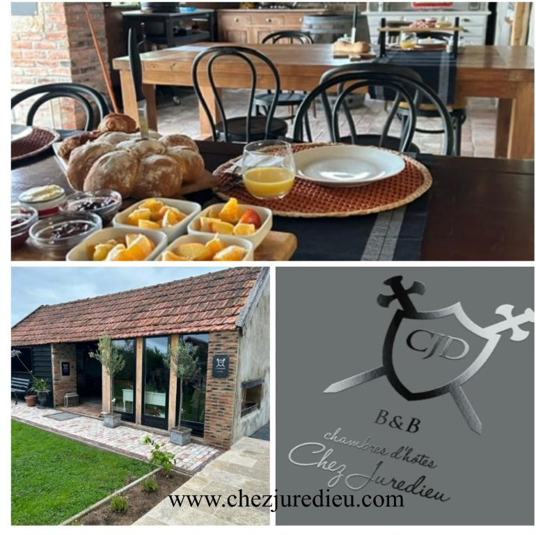 a collage of two pictures of a table with bread and orange juice at B&B Chambres d'Hotes Chez Juredieu in Monétay-sur-Loire