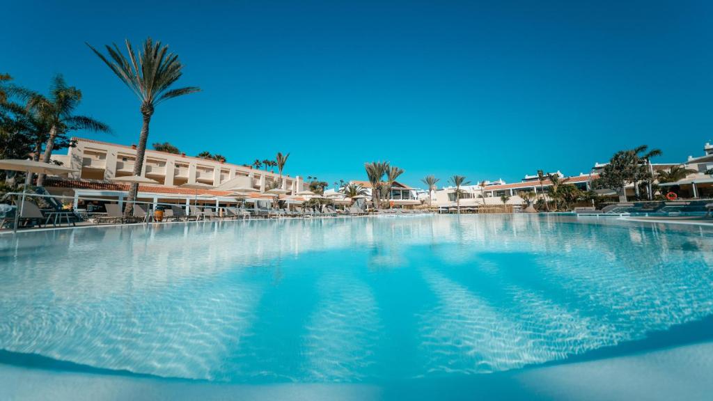 ein großer Swimmingpool mit Palmen und Gebäuden in der Unterkunft HD Lobos Natura Fuerteventura in Corralejo