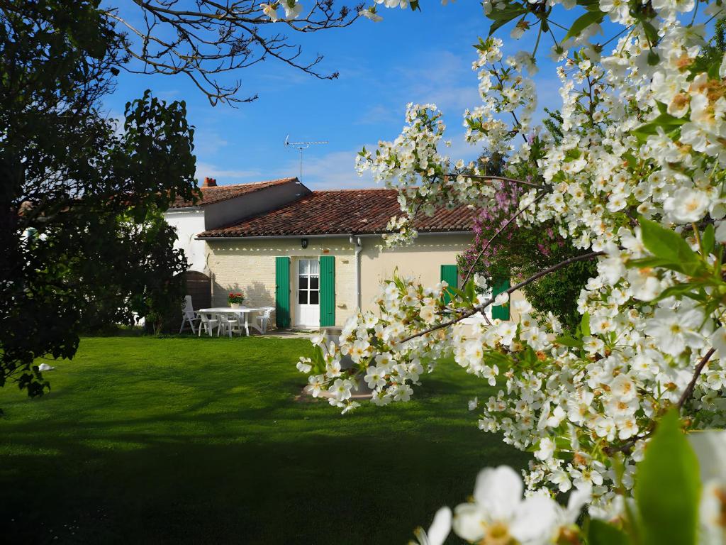 ein Haus mit einem Garten voller weißer Blumen in der Unterkunft Gite Le Fournil in Saint-Hilaire-la-Palud