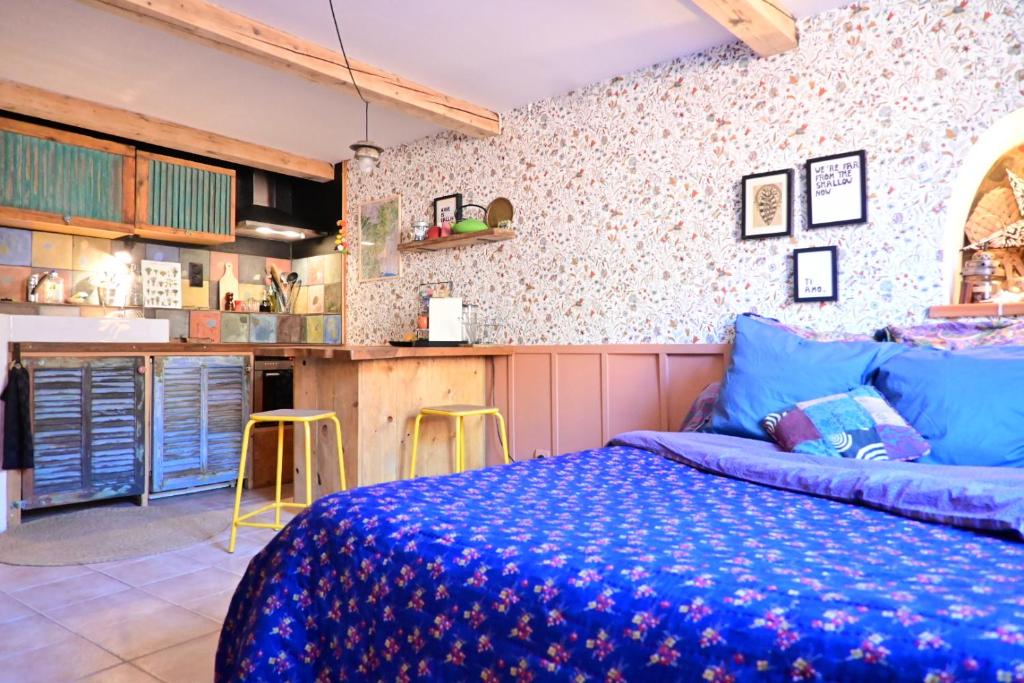 罗亚河畔布雷伊studio calme et lumineux的一间带蓝色床的卧室和一间厨房