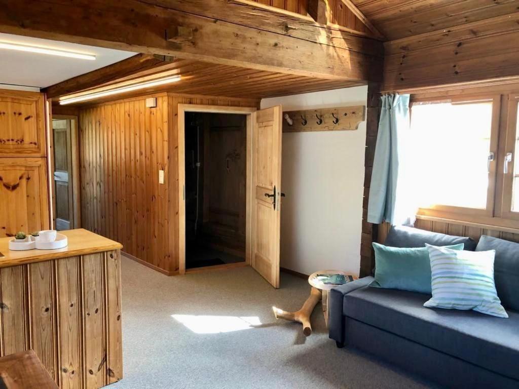 un salon avec un canapé bleu et une fenêtre dans l'établissement Scheftenau, à Kappel