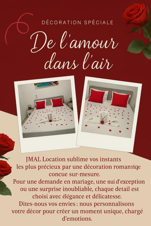 a flyer for a bed with red pillows and roses at Location bungalow in Le Gosier