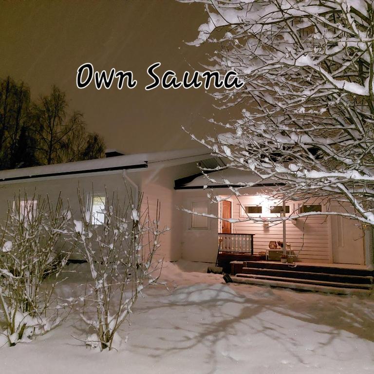 a house with snow on the branches of a tree at Blue River in Rovaniemi