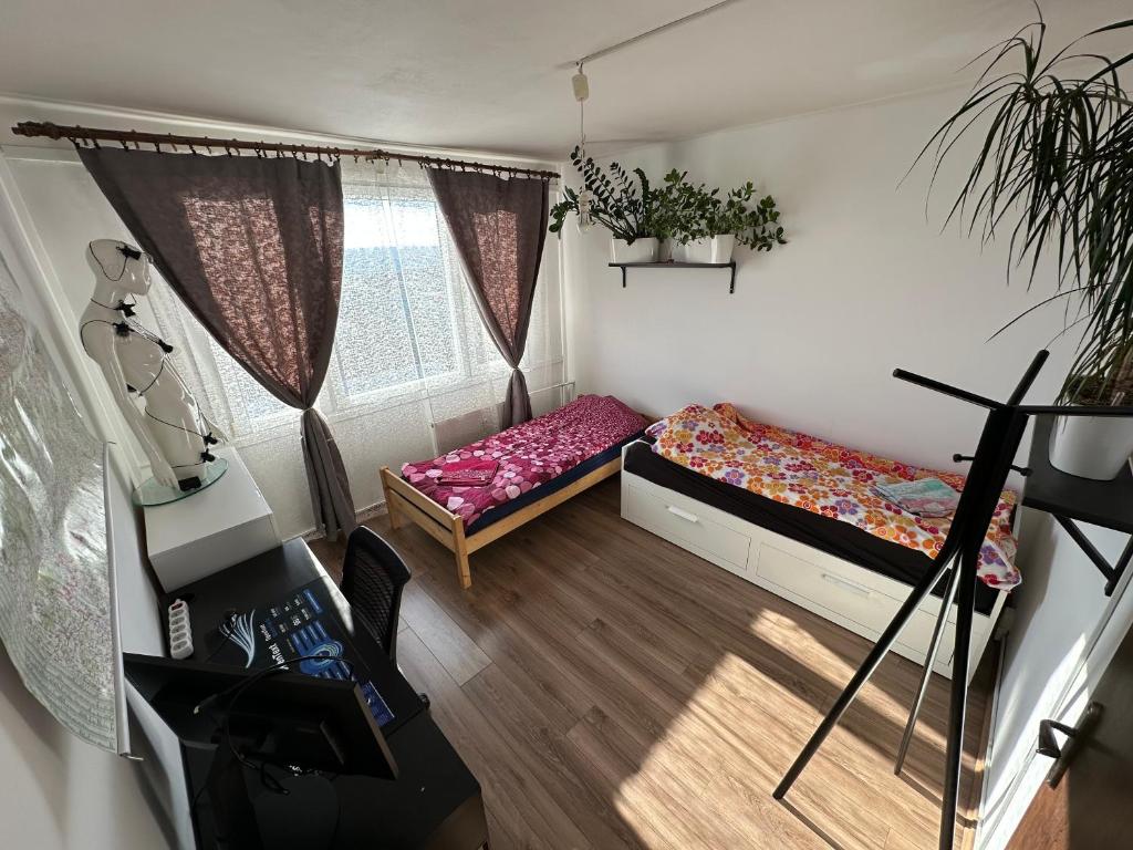 Postel nebo postele na pokoji v ubytování Private rooms, stunning city views, top-floor with balcony, bathtub, Internet, coffee