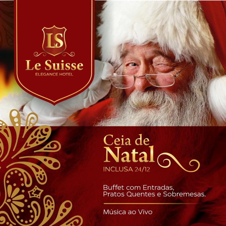 カンポス・ド・ジョルドンにあるLe Suisse Elegance Hotelのサンタクロースが描かれたクリスマスパーティーのチラシ