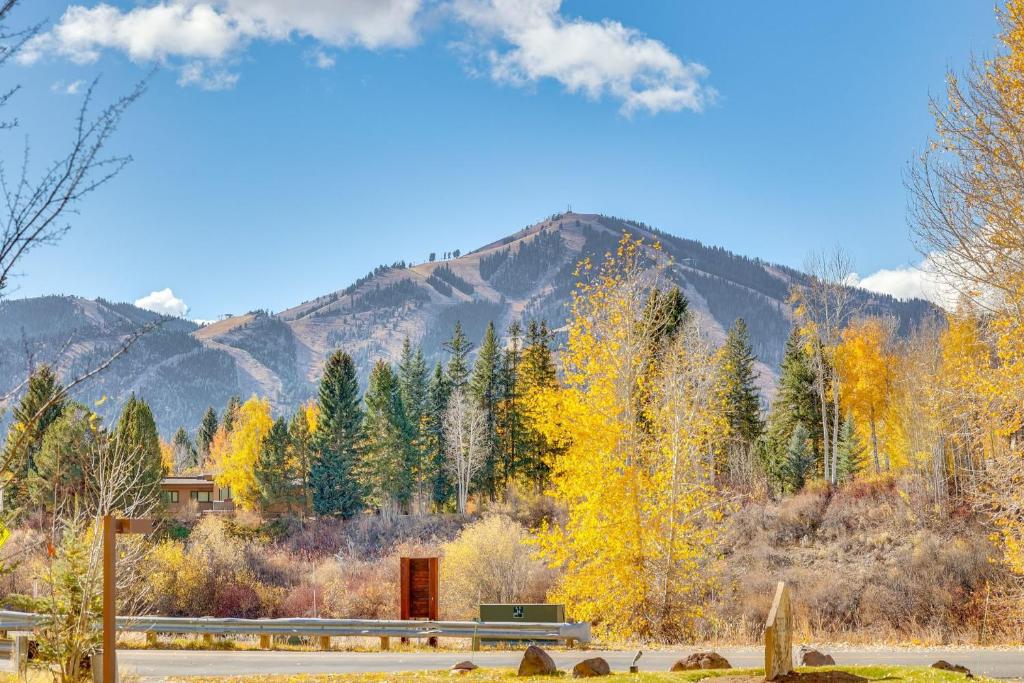 a bench in a field with trees and mountains at Atelier Alpine - Modern 2BD Condo w/Baldy Views in Sun Valley