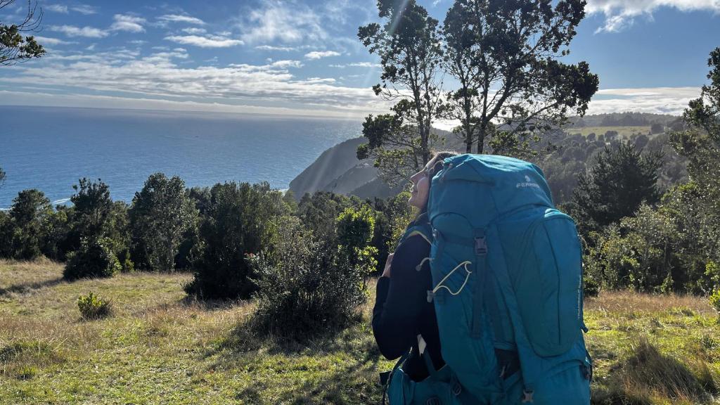 a person with a backpack looking at the ocean at Ko Glamping in Valdivia