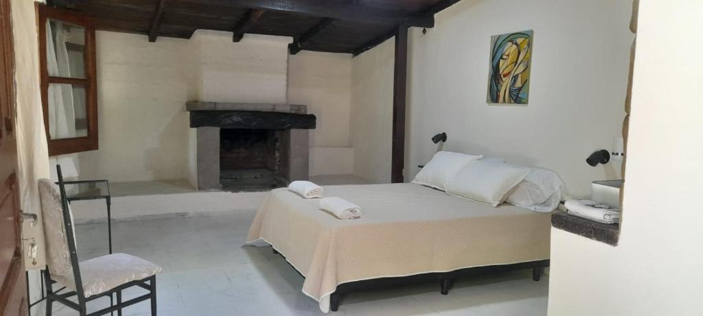 a white bedroom with a bed and a fireplace at El Jardin Colonial in Calilegua