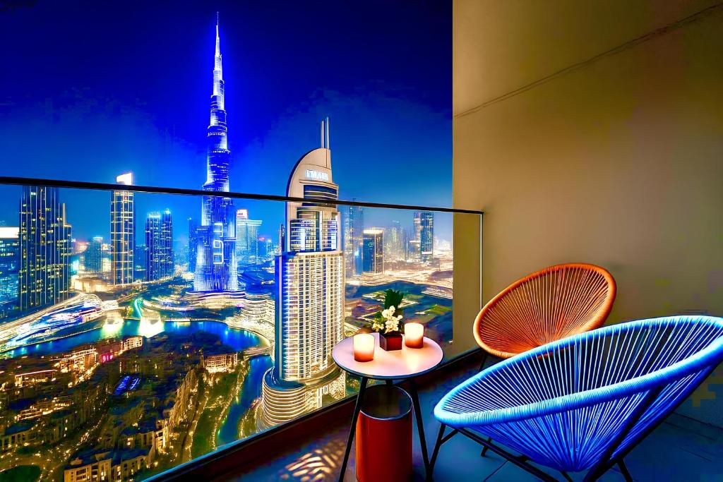 a balcony with a view of the dubai skyline at Burj Khalifa View - Burj royale - Downtown - DUBAI 3BR in Dubai