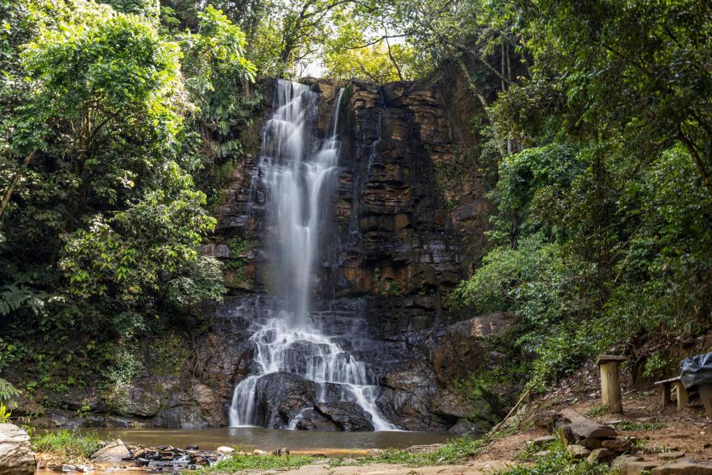 a waterfall in the middle of a forest at Pousada Império de Minas in Capitólio