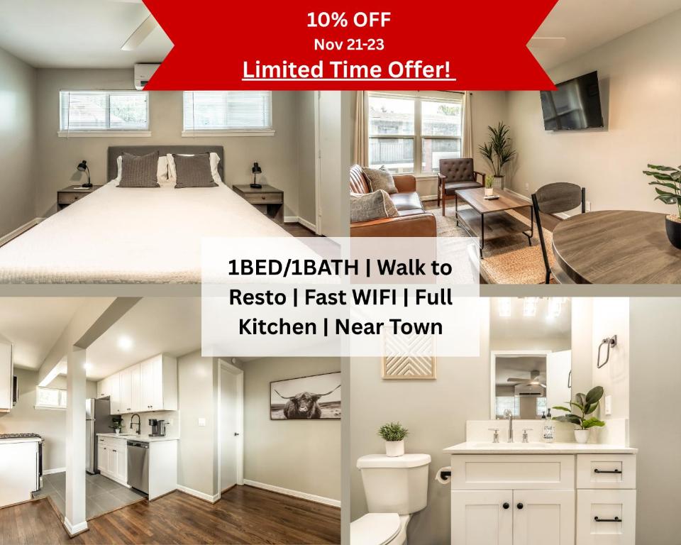 Un collage de fotos de un dormitorio y una sala de estar. en Book Now & Save 10 off Fast Wifi Near City -16, en Houston