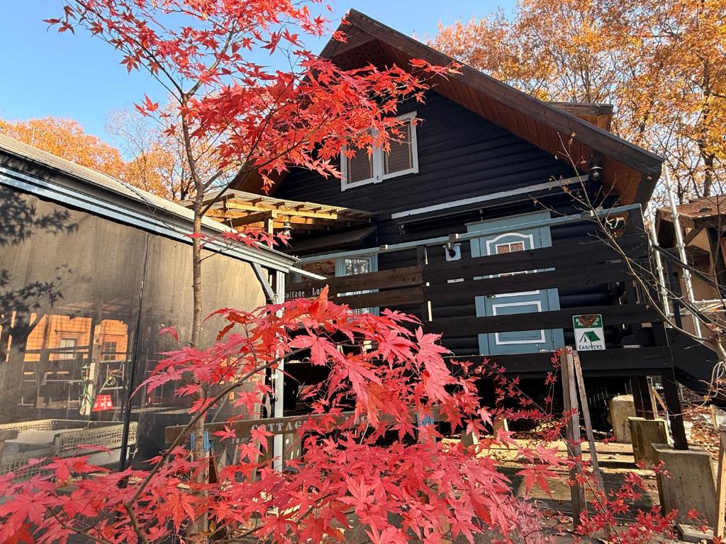 那須町にある森の中の大型ログハウス最大16名可ペット同伴OkコテージLogの黒い家の前の赤い葉の木