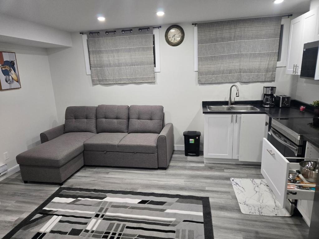 un salon avec un canapé et une cuisine dans l'établissement Brand New Peaceful and Cozy Suite, à Regina