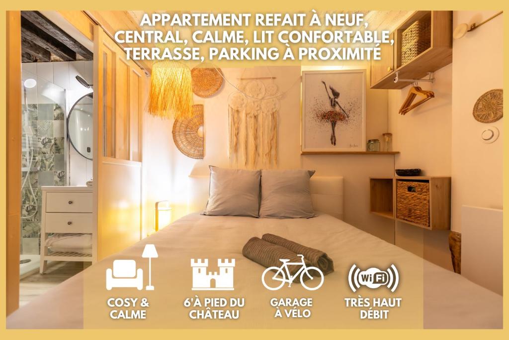 a poster of a bedroom with a bed at Blois hypercentre, calme, charme avec terrasse in Blois