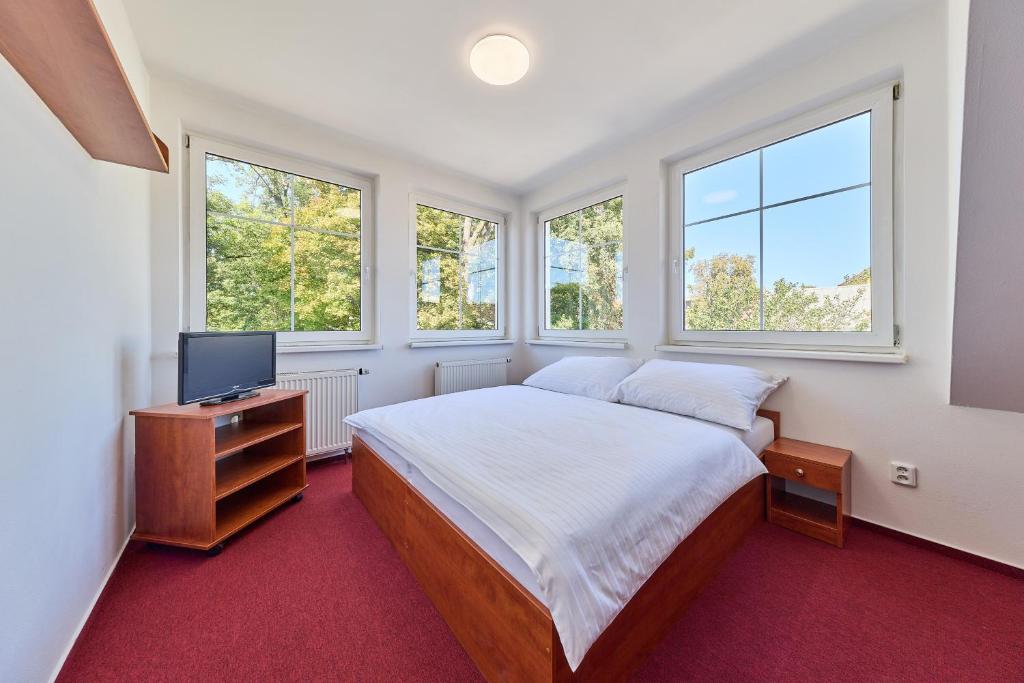 a bedroom with a bed and a tv and windows at Garnet Penzion in Olomouc