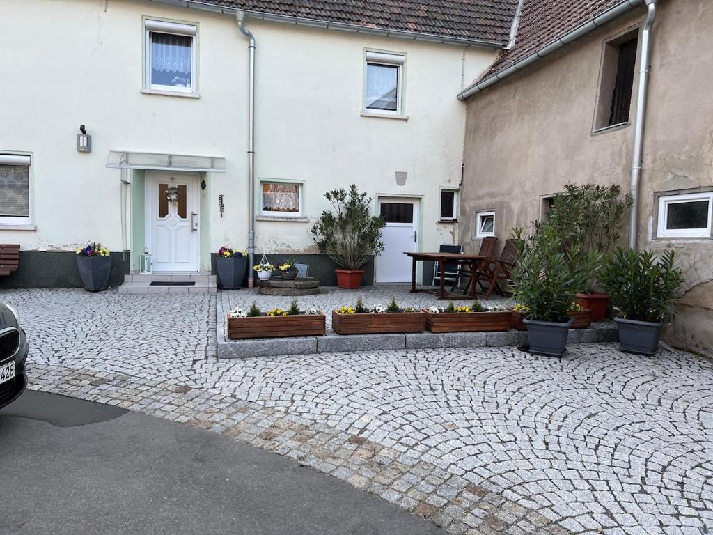 a courtyard of a house with a table and potted plants at Pension Ute in Strehla