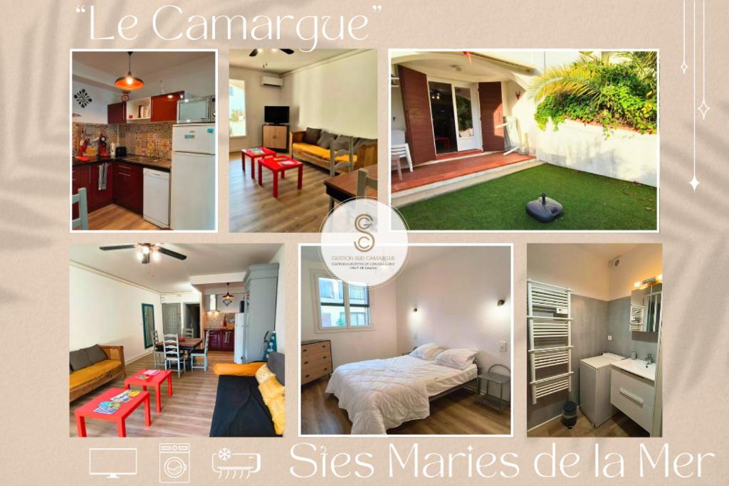 Un collage de fotos de un dormitorio y una sala de estar. en Camargue Saintes Maries de la Mer, en Saintes-Maries-de-la-Mer