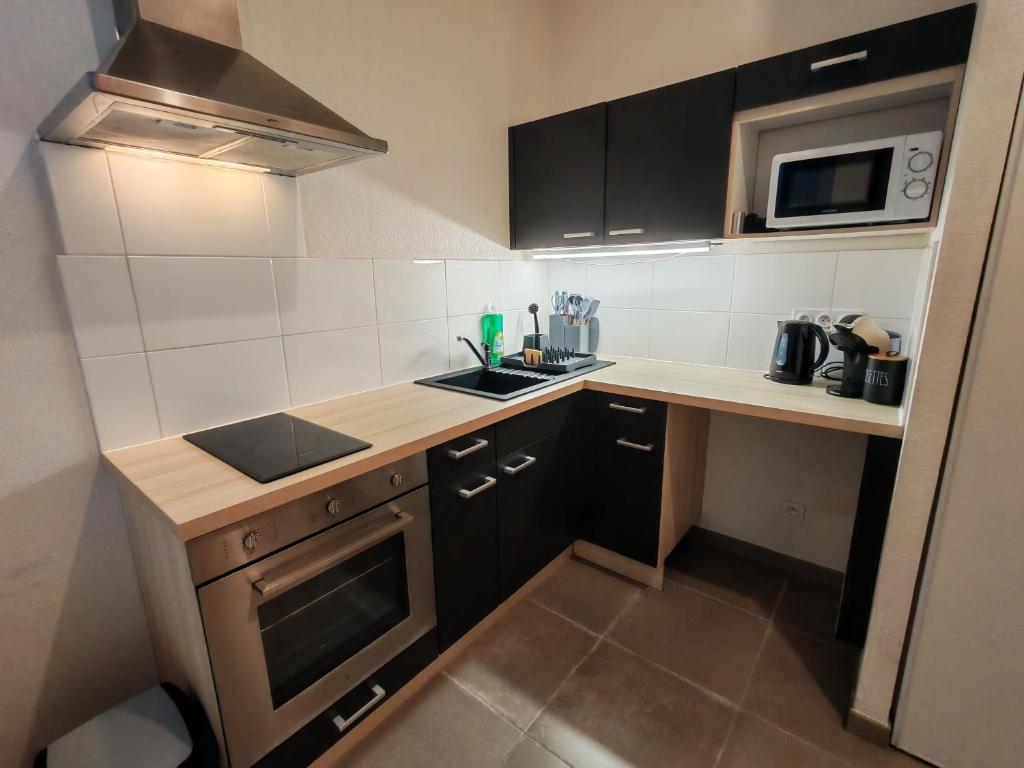 une petite cuisine avec un évier et une cuisinière dans l'établissement Le tarasconnais, séjour authentique en Provence, à Tarascon