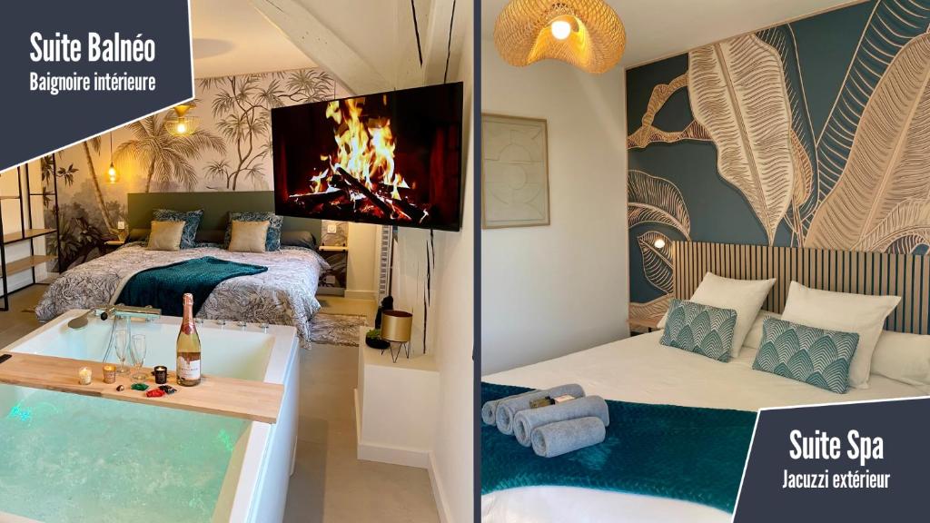 a room with a tub and a tv and a bedroom at Domaine des Varennes in Louresse-Rochemenier