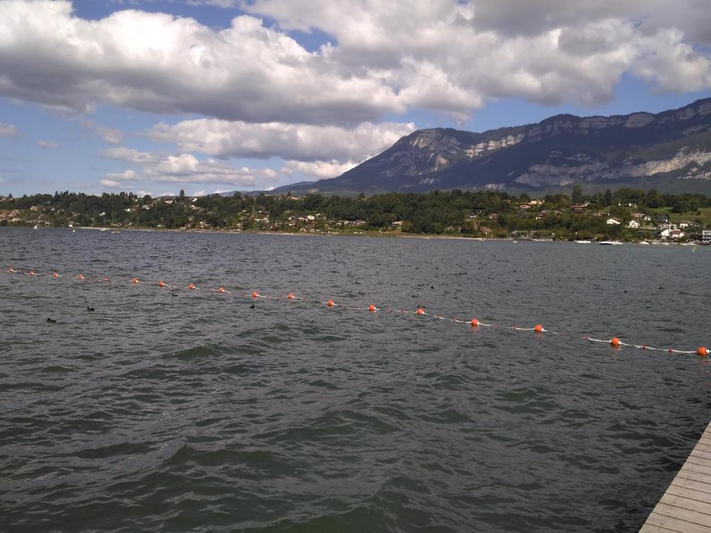 une longue ligne de marqueurs orange dans l'eau dans l'établissement Le Montcalm, à Aix-les-Bains
