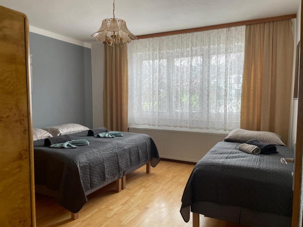 une chambre avec deux lits et une fenêtre dans l'établissement revLIVING Lodge Kleinstelzendorf Hollabrunn - 4 Schlafzimmer, à Kleinstelzendorf