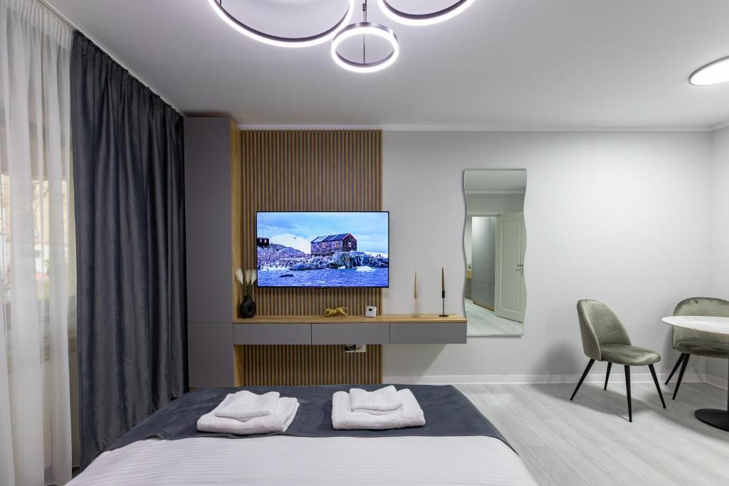 a bedroom with a bed and a tv on a wall at Zoris Apart1 in Bacău