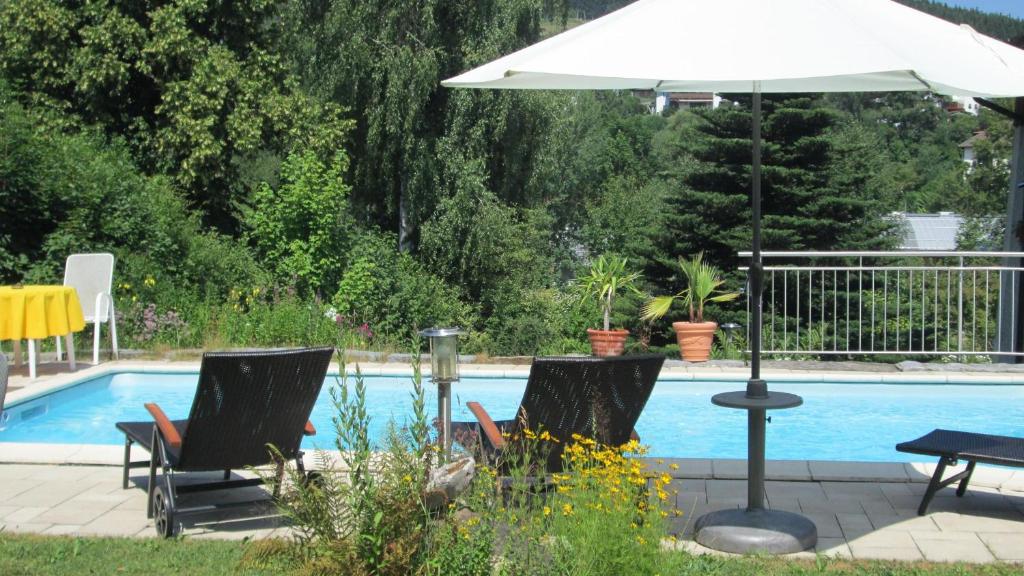a patio with chairs and an umbrella next to a pool at Ferienwohnung Seitz 1 In Bayerisch Eisenstein in Bayerisch Eisenstein