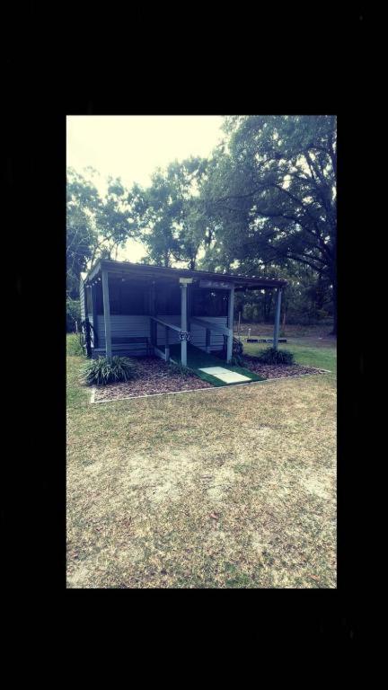 a shed in a field with trees in the background at Neals Nest Cozy Cabin in Chiefland