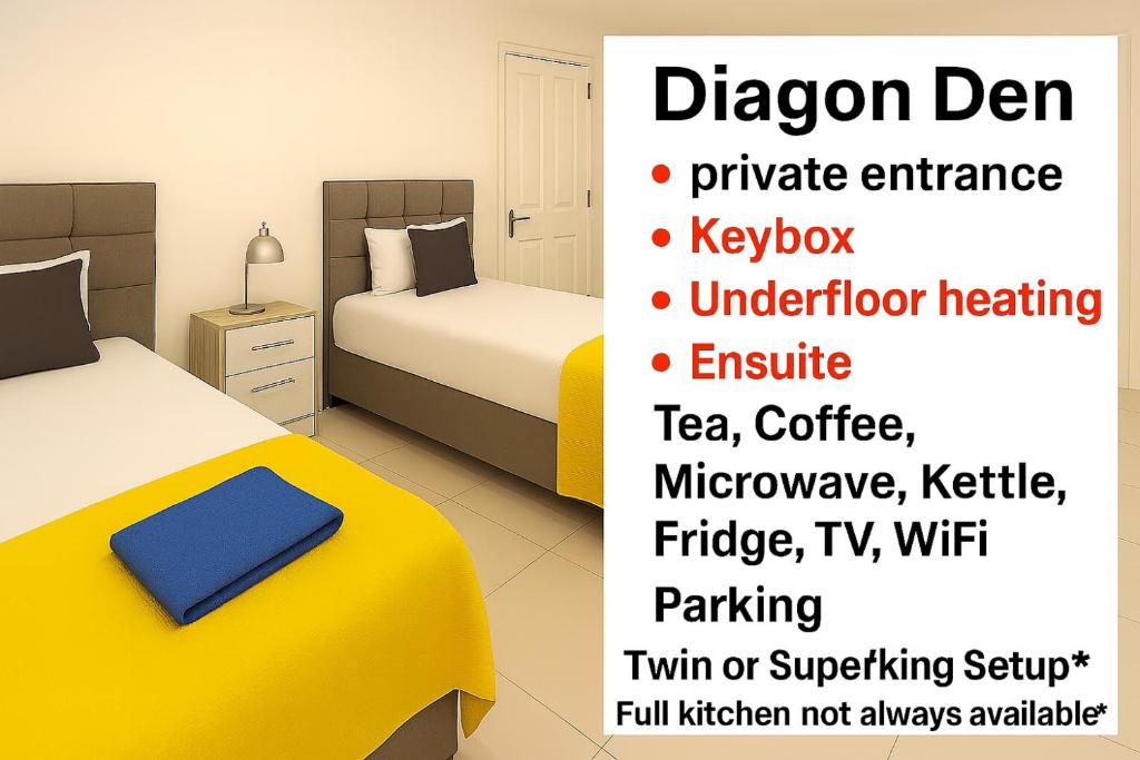 ein Flyer für ein Hotelzimmer mit zwei Betten und Werbung in der Unterkunft Flexistay Studio at Watford in Watford