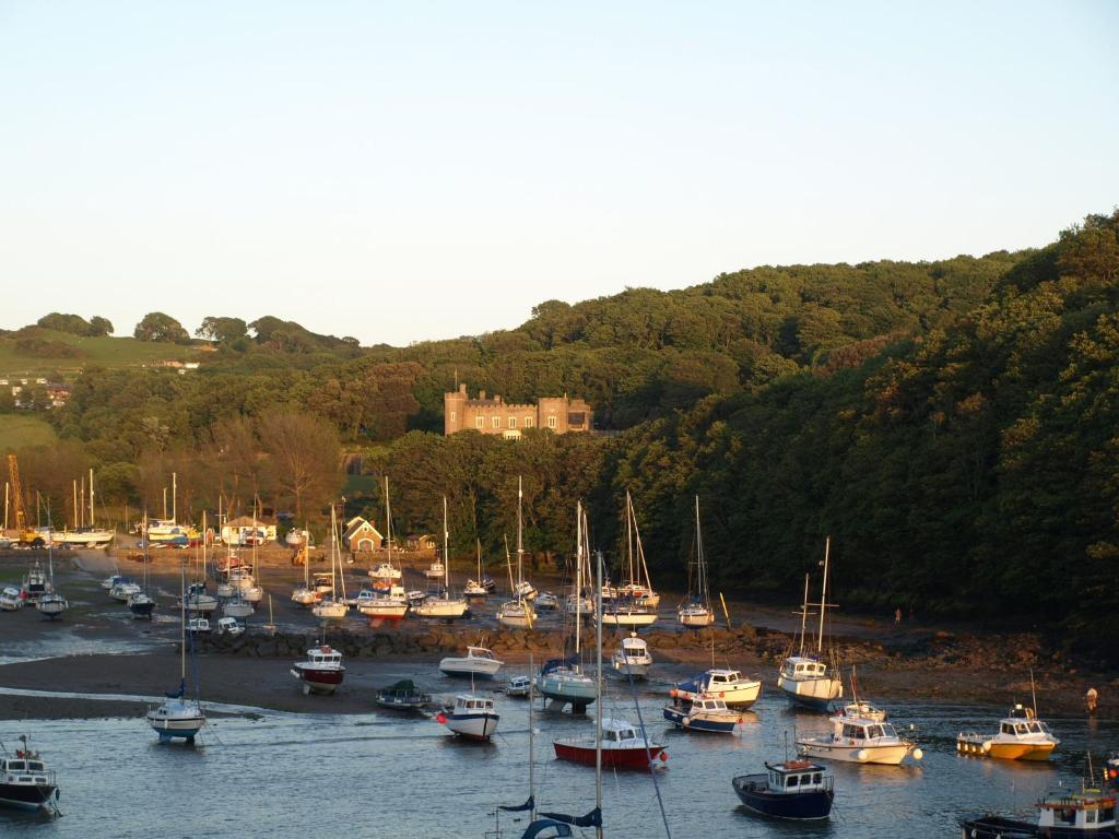 eine Reihe von Booten liegen in einem Hafen vor Anker in der Unterkunft Watermouth Castle, Clock Tower Apartment in Ilfracombe