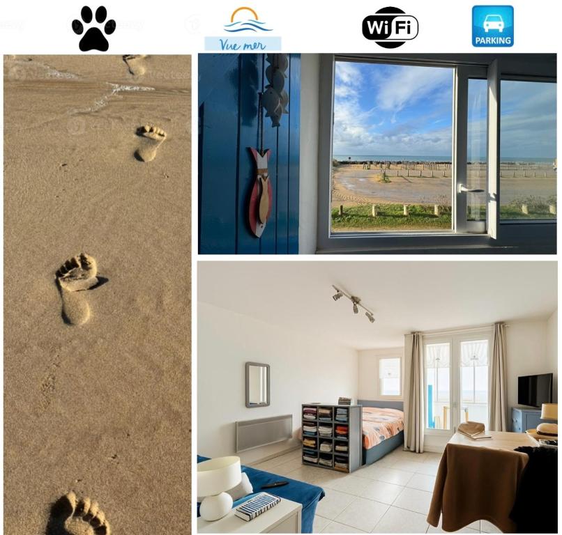 a collage of photos with a cat footprints in the sand at Waterfront apartment - Plage des Mouettes in Saint-Hilaire-de-Riez