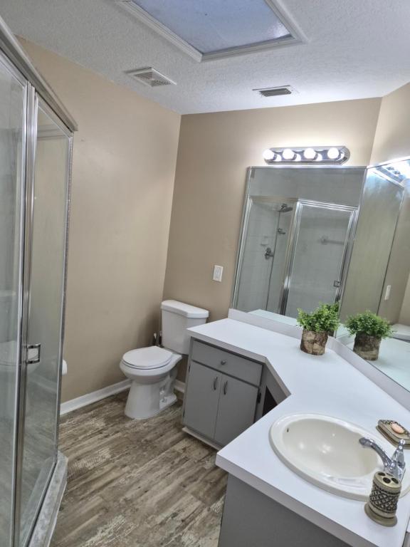 een badkamer met een toilet, een wastafel en een douche bij The Launch Pad in Titusville