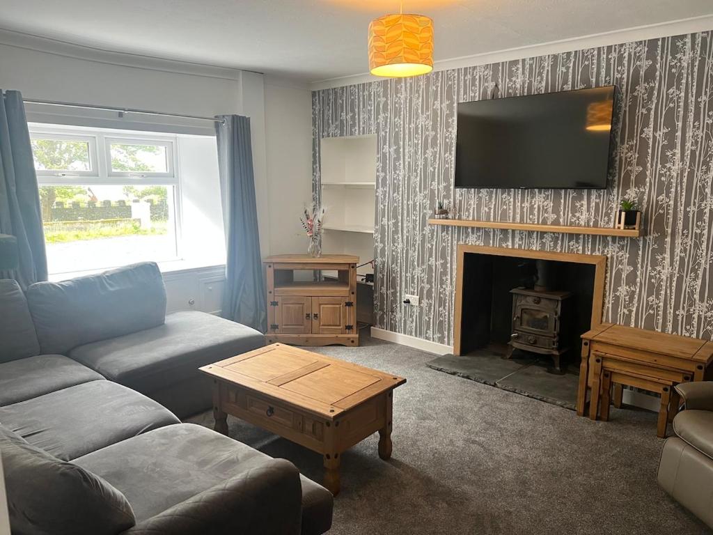 a living room with a couch and a fireplace at Highland Park Cottage in Kirkwall