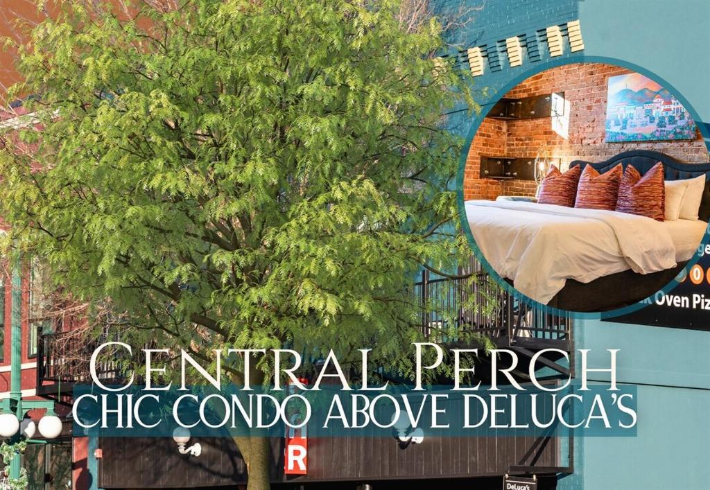 a sign that says central pericoacco above a bed at Chic Downtown Retreat Fireplace Game Area in Hot Springs