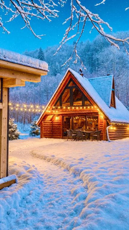 une cabane en rondins dans la neige la nuit dans l'établissement PARADiSE Wellness Chalet - Sauna&SPA Terchová, à Terchová