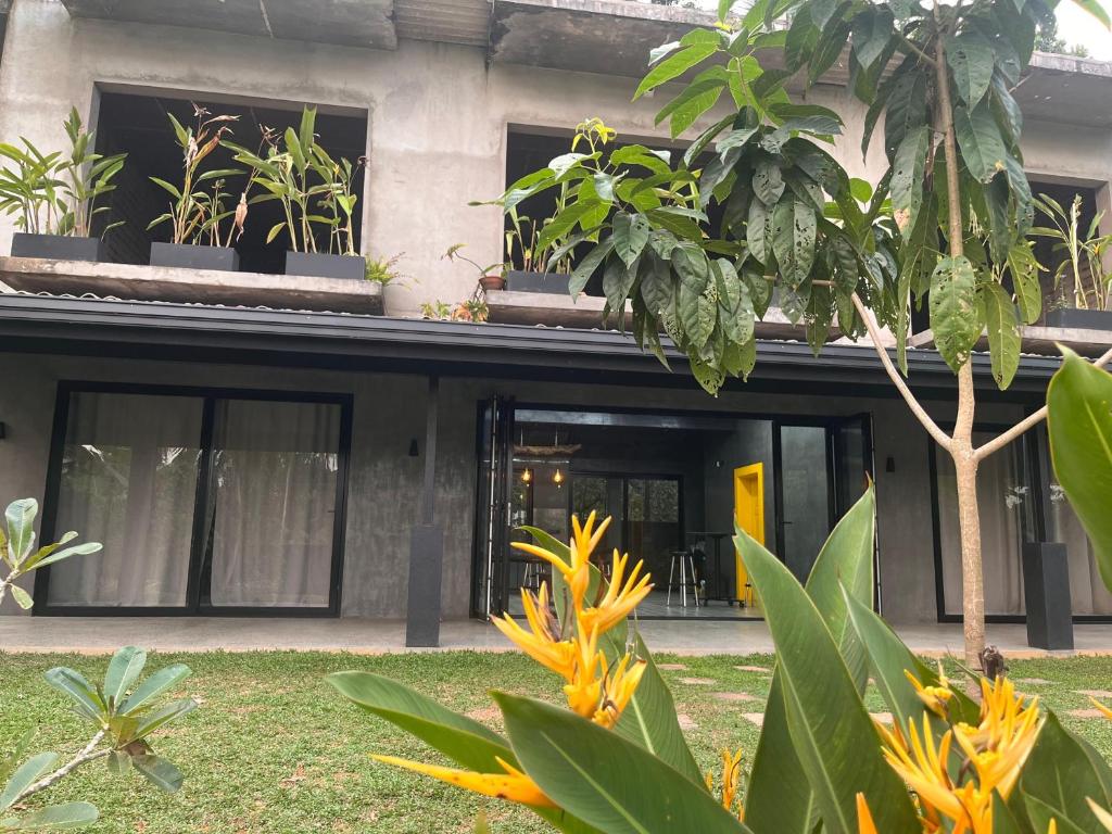 ein Gebäude mit Pflanzen davor in der Unterkunft Sirilaka Wedagedara in Alutwala