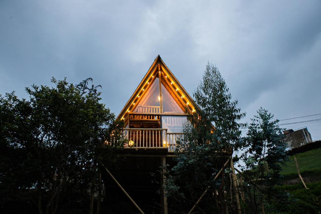 une cabane dans les arbres avec un toit éclairé dans l'établissement Cabañas con jacuzzi y chimenea - Casa Floral, Marinilla, à Marinilla