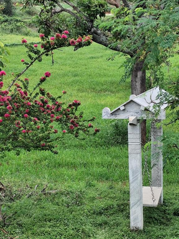 a bird house sitting in the grass next to a tree at Peacock Abode Farm in Bangalore