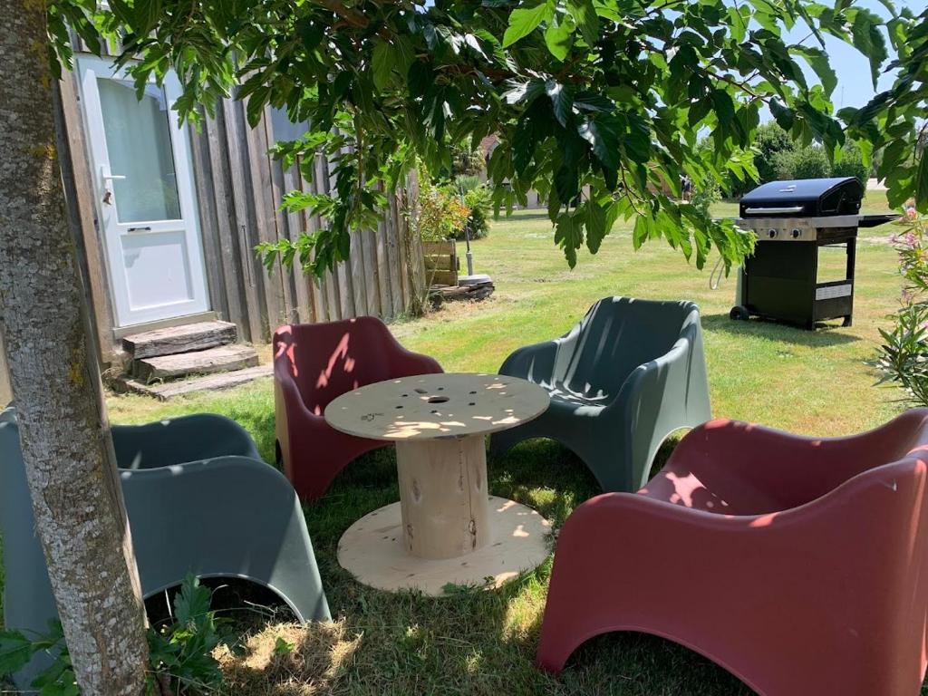 un groupe de chaises et une table sous un arbre dans l'établissement Mobil Home Vintage à la Ferme des buttons, à Rosnay