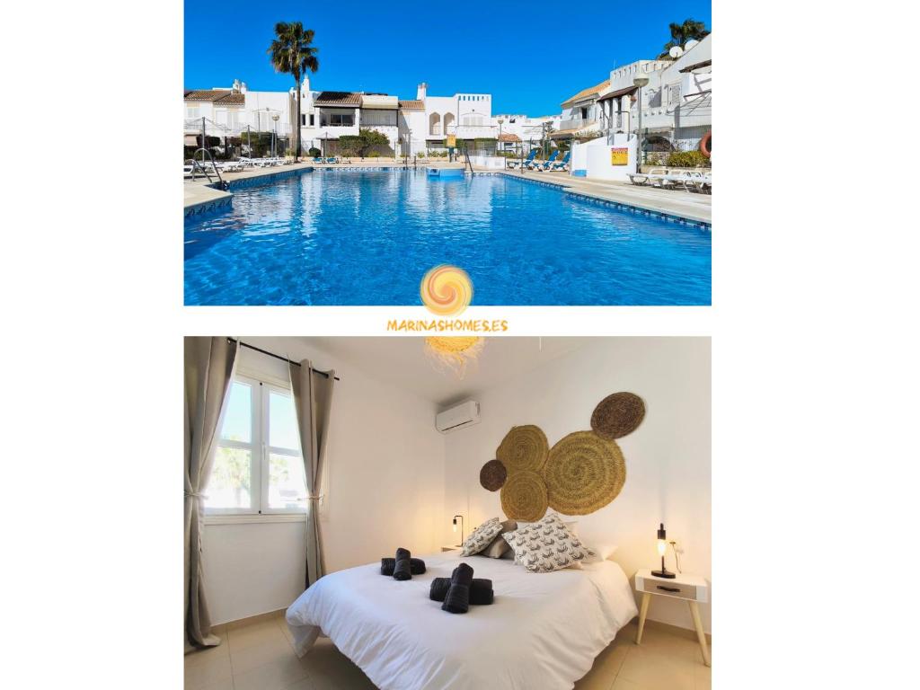 ein Hotel mit einem Pool und einem Schlafzimmer mit einem Bett in der Unterkunft Marinas Sol - Tu hogar con jardín privado! in Vera