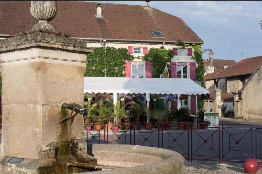 a water fountain in front of a pink house at Hôtel restaurant de la fontaine in Villiers-sur-Suize