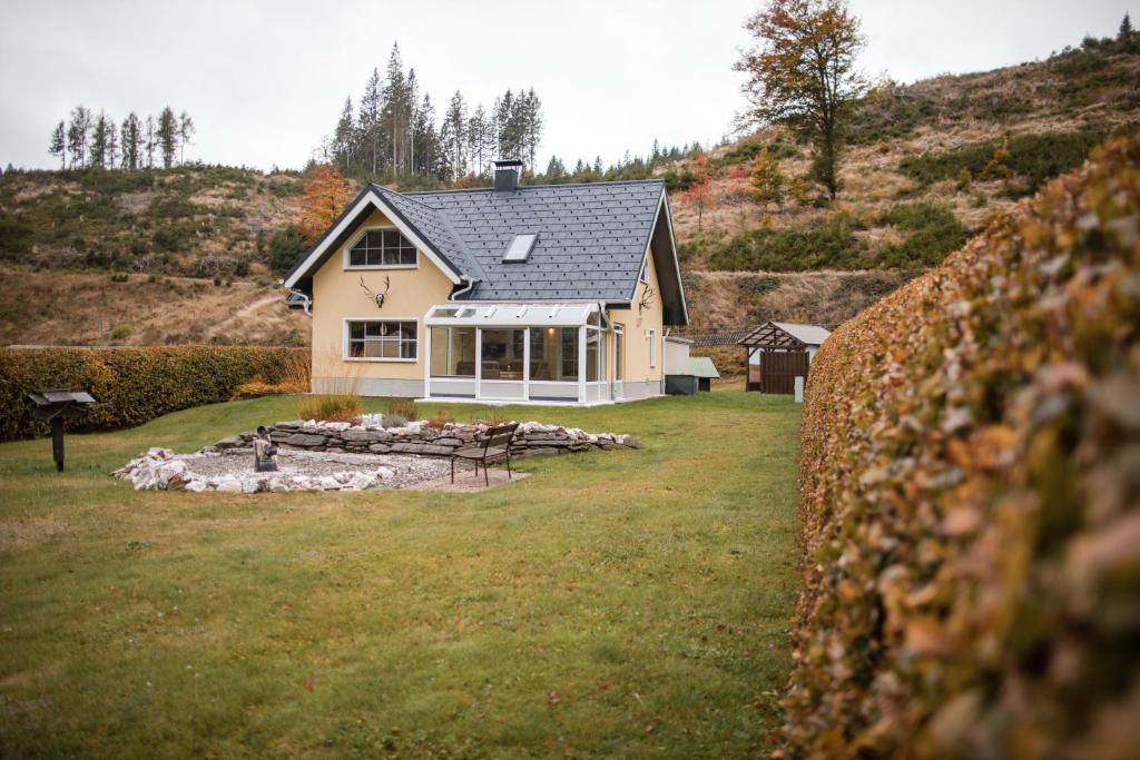 劳沙FH Ebermannsmühle Lauscha的坐落在郁郁葱葱的绿色庭院顶部的房子