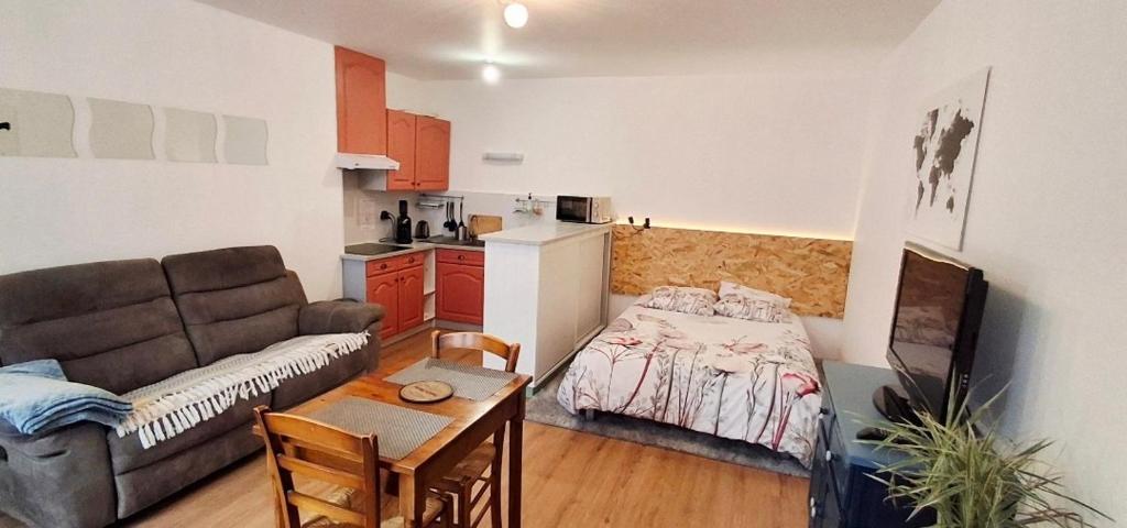 un soggiorno con un divano e un tavolo di Appartement centre-ville ad Aurillac