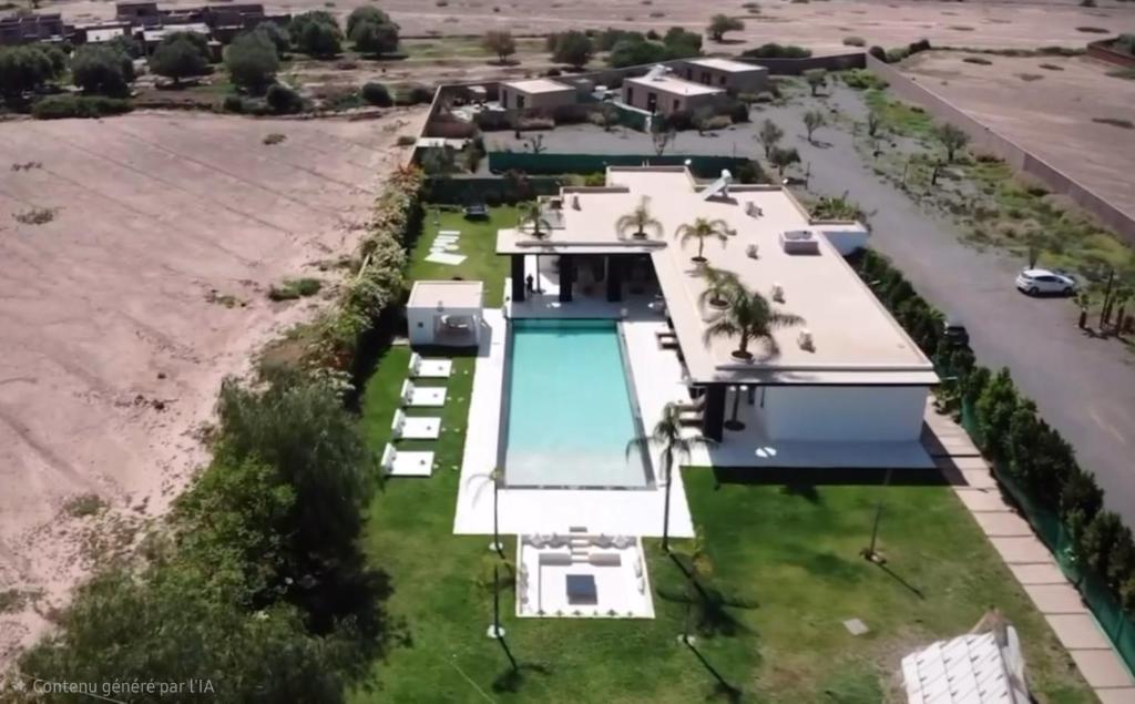 an aerial view of a house with a swimming pool at Villa Palms Marrakech in El Aggada