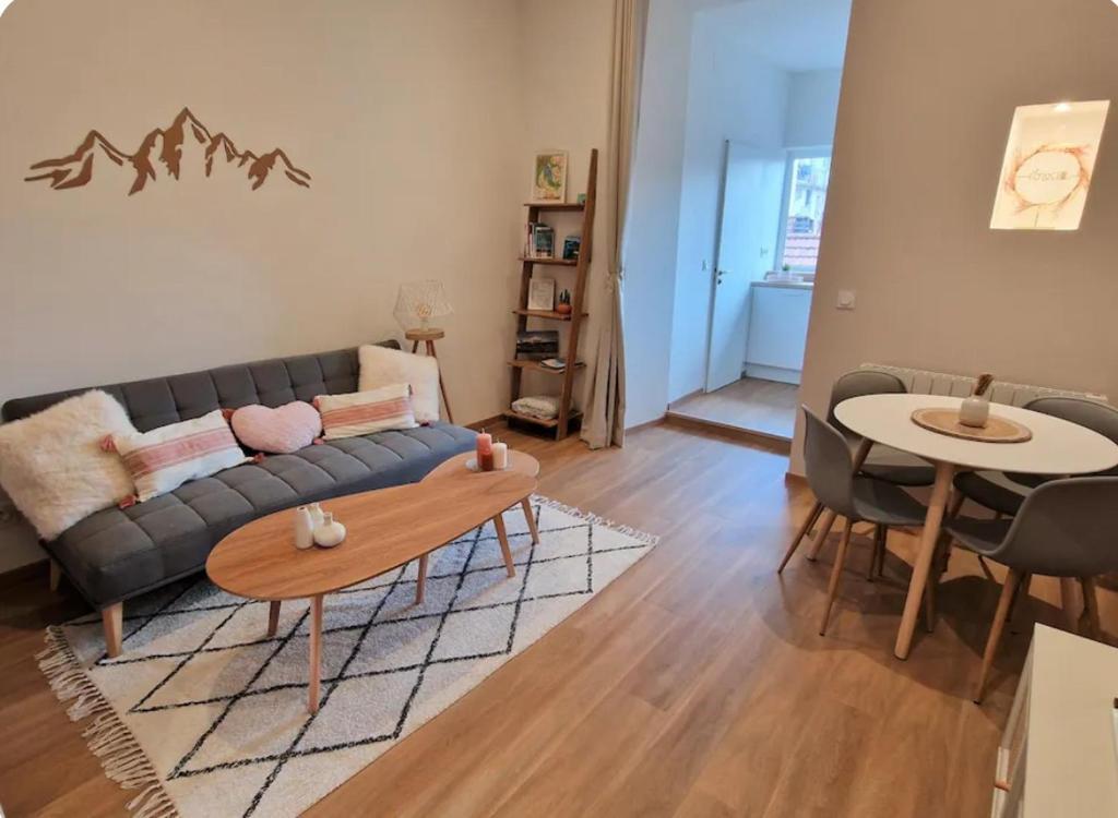 アヌシーにあるLe Petit Nid Annecyのソファとテーブルのあるリビングルーム