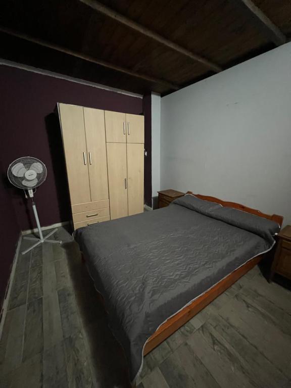 a bedroom with a bed and a desk in it at Alquileres Fernando in San Clemente del Tuyú